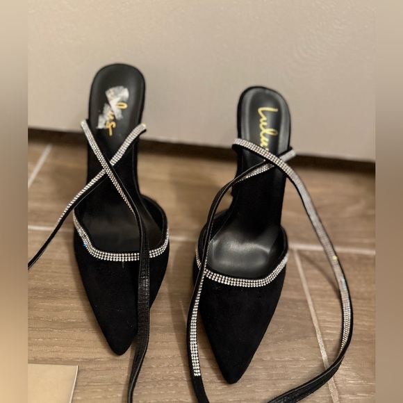Lulus Luciee Black Satin Rhinestone Ankle Strap Heels Size 8 - Picture 1 of 8